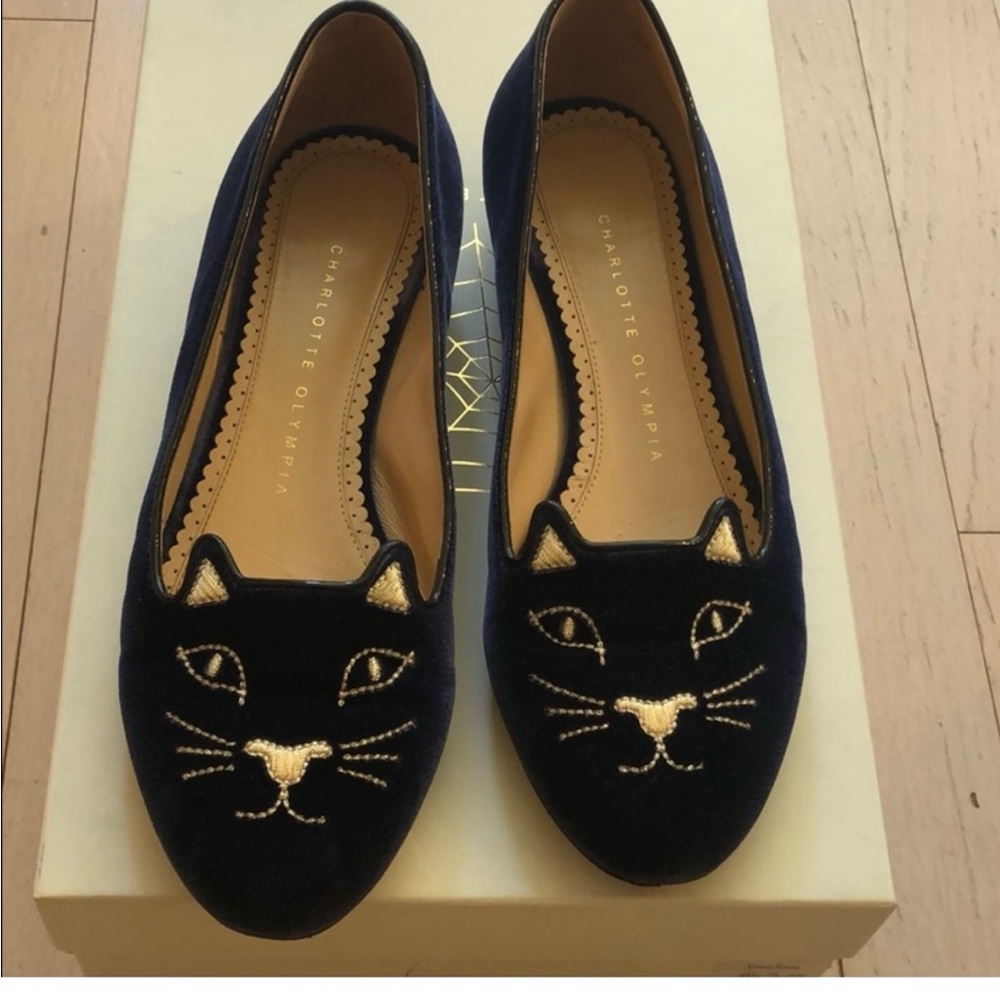 Charlotte Olympia Navy Kitty Cat Embroidered Flats